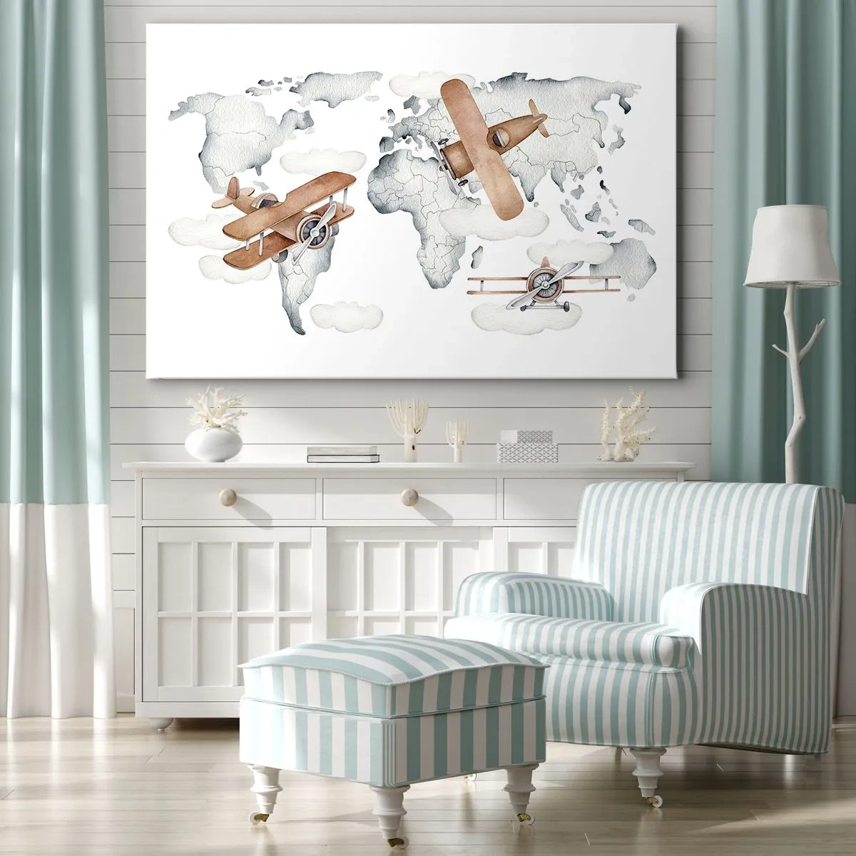 Lærredstryk - Billede på lærred - Illustration af et verdenskort med flyvemaskiner - 70x50cm - I den banebrydende ånd - Moderne vægdekoration til stue og soveværelse ARTTOR