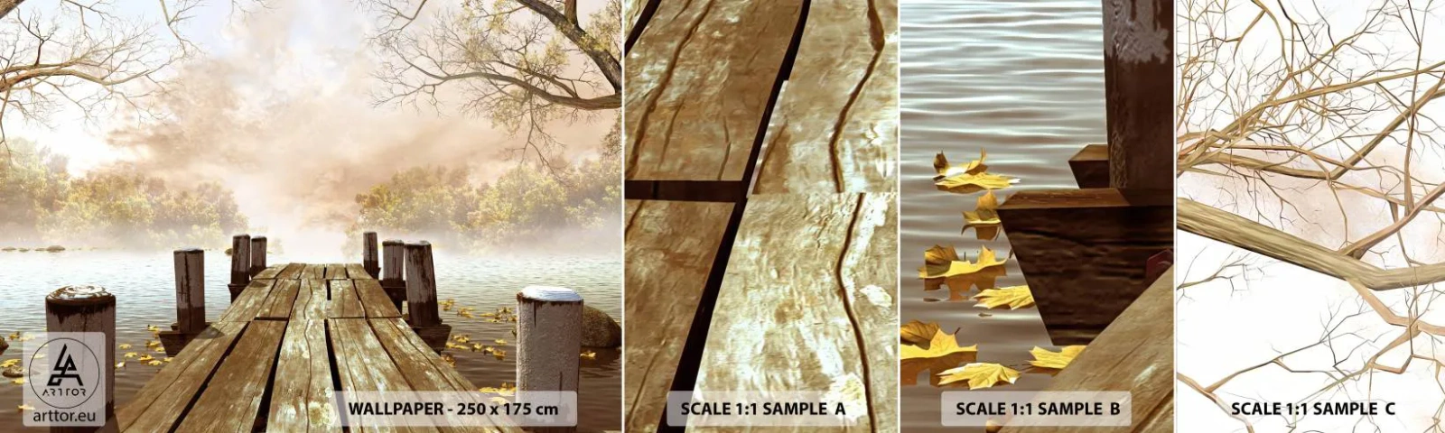 Prøve Fototapet Selvklæbende Deluxe Sticker - Efterårets blide tristhed - Landskab, Sø, træbro - 100x30 cm