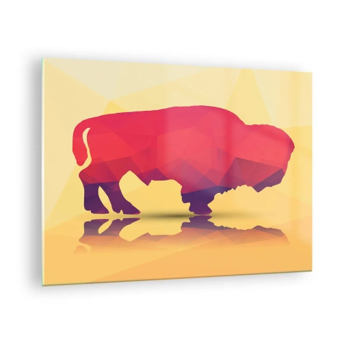 Billede på glas - Geometrisk bison i varme farver - 70x50cm - Bisonens amarantstyrke - Moderne vægdekoration til stue og soveværelse ARTTOR