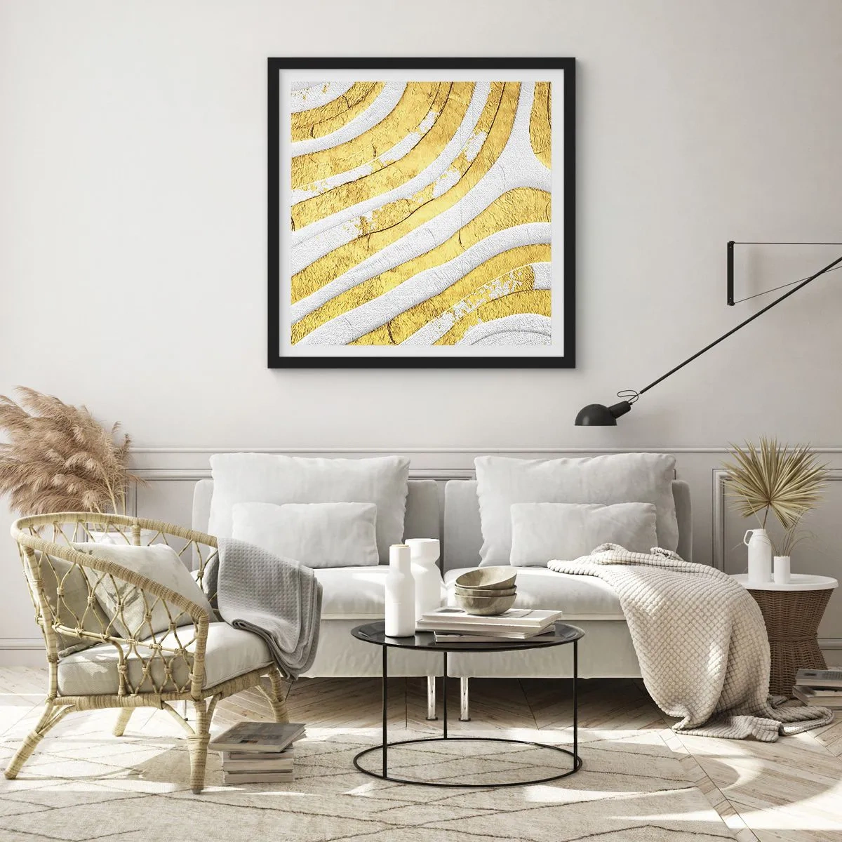 Plakat i sort ramme - Sammensætning i hvidt og guld - 60x60 cm