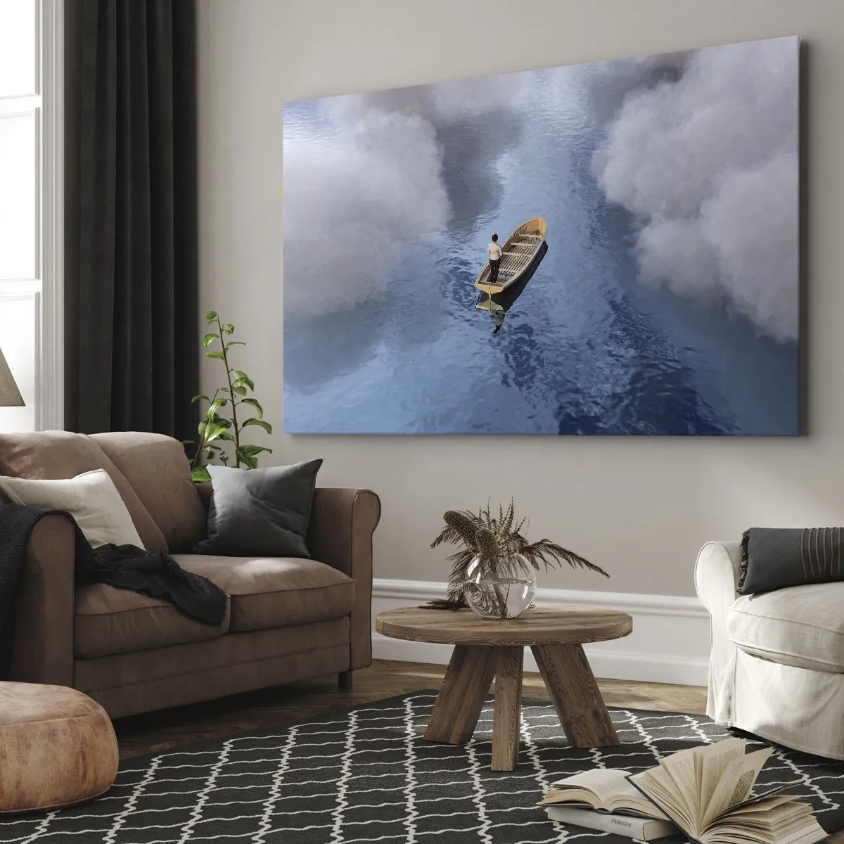 Lærredstryk - Billede på lærred - En mand i en båd på et roligt hav omgivet af skyer - 70x50cm - Livet - rejsen - det ukendte - Moderne vægdekoration til stue og soveværelse ARTTOR
