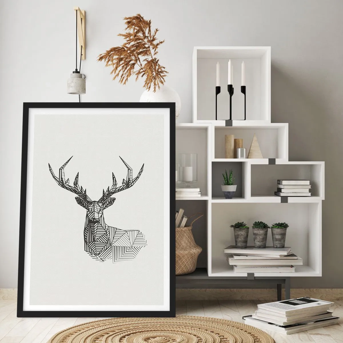 Plakat i sort ramme - Geometrisk silhuet af en hjort i sort-hvid stil - 50x70cm - Hjorte i kubistisk stil - Moderne vægdekoration til stue og soveværelse ARTTOR