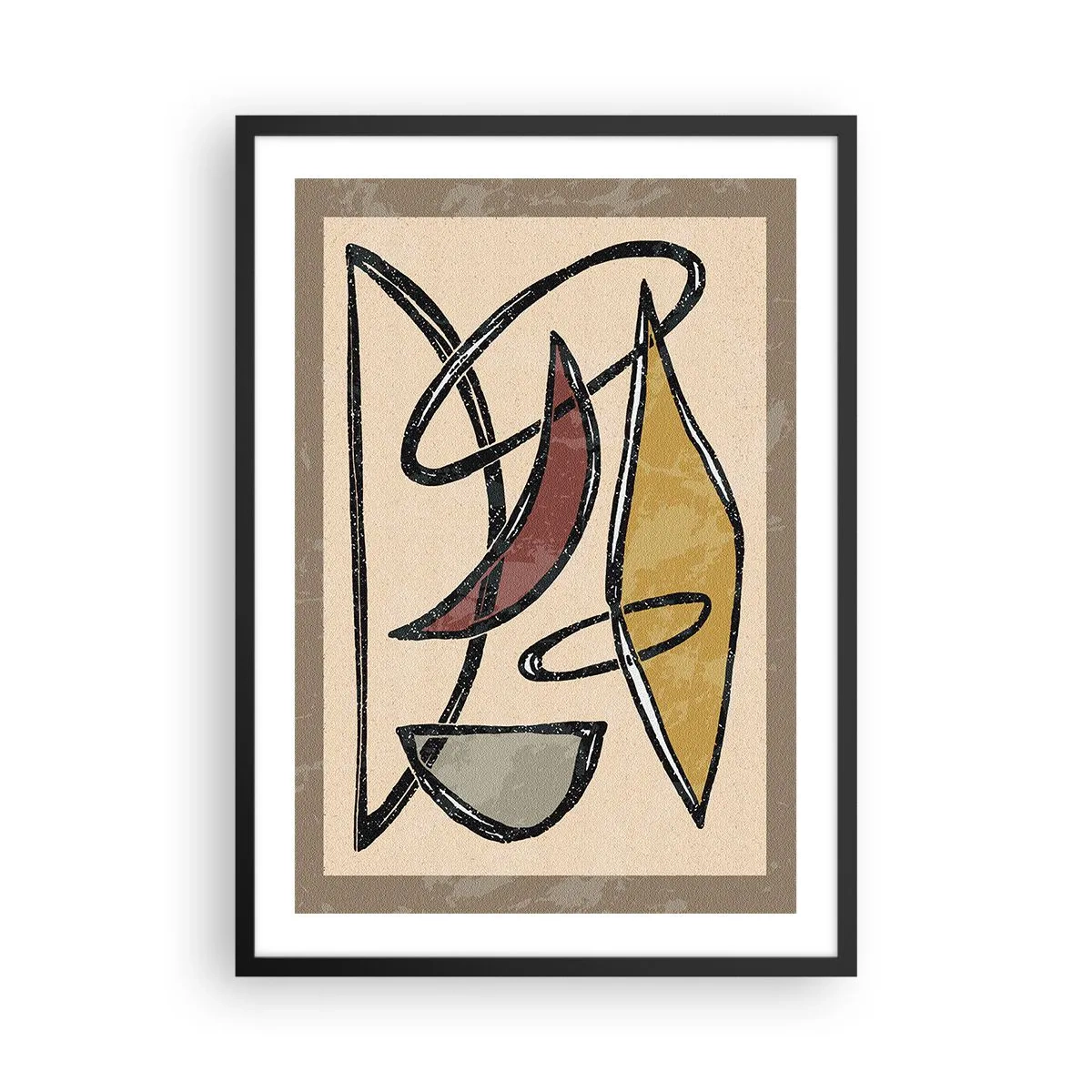Plakat i sort ramme - Abstrakt geometrisk komposition i beige og sorte nuancer - 50x70cm - Komposition - buer og ovaler - Moderne vægdekoration til stue og soveværelse ARTTOR