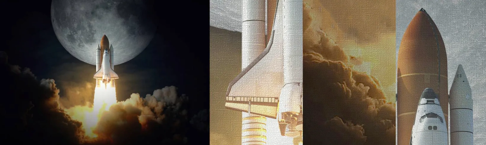 Prøve Fototapet Premium Canvas - Begyndelsen på et overjordisk eventyr - Måne, En rumraket, NASA - 100x30 cm