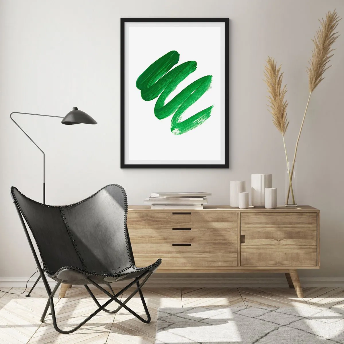 Plakat i sort ramme - Minimalistiske grønne penselstrøg på en hvid baggrund - 50x70cm - En grøn vittighed - Moderne vægdekoration til stue og soveværelse ARTTOR