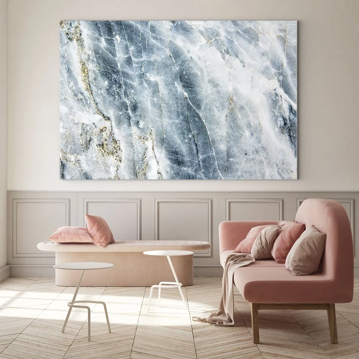 Billede på glas - Abstrakt ismarmortekstur i nuancer af blå og hvid - 70x50cm - Isverden - Moderne vægdekoration til stue og soveværelse ARTTOR