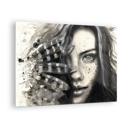 Billede på glas - Portræt af en kvinde med fjer og abstrakte detaljer - 70x50cm - Vild skønhed - Moderne vægdekoration til stue og soveværelse ARTTOR