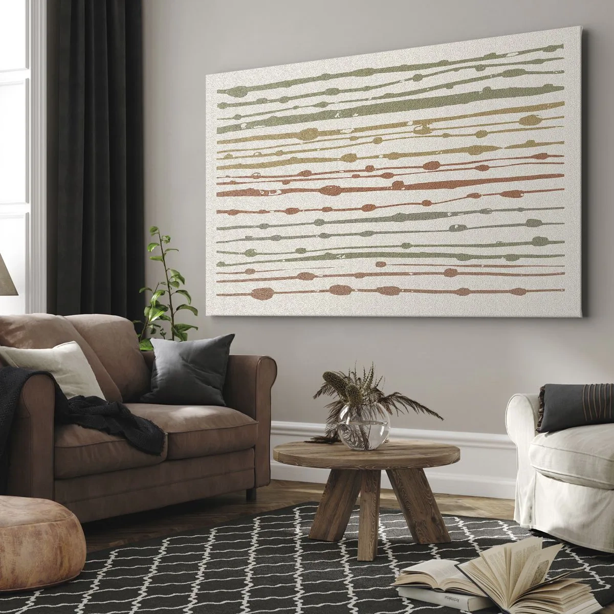 Lærredstryk - Billede på lærred - Et mønster af linjer i varme nuancer på en lys baggrund - 70x50cm - Musikalsk farvenotation - Moderne vægdekoration til stue og soveværelse ARTTOR