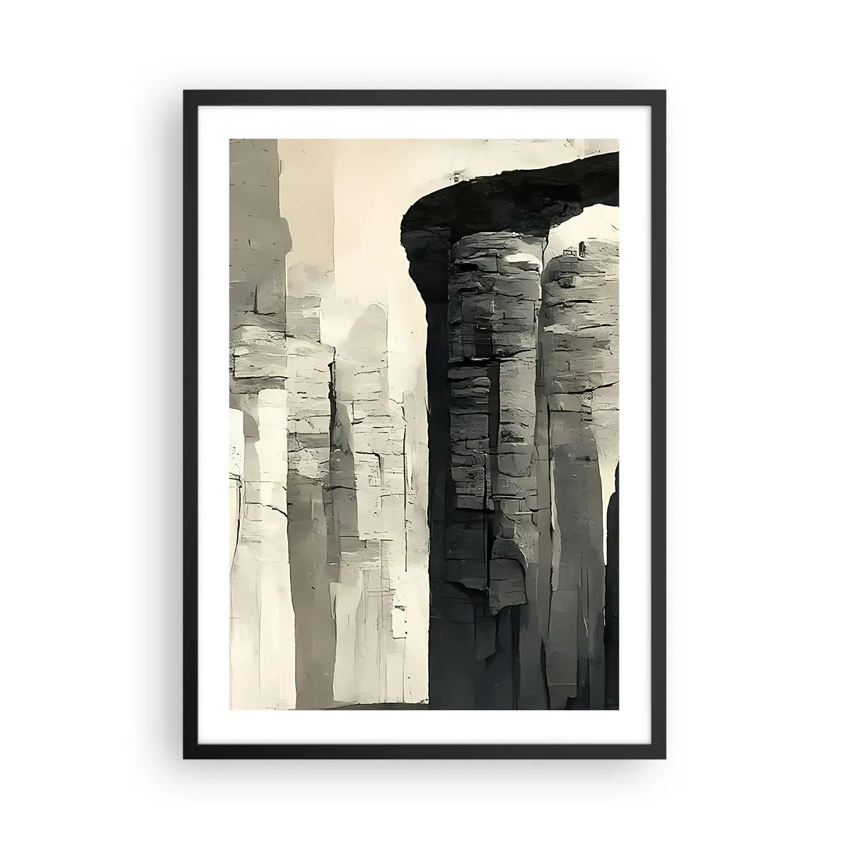 Plakat i sort ramme - Monumentale klippeformationer i grå nuancer - 50x70cm - Antikkens majestæt - Moderne vægdekoration til stue og soveværelse ARTTOR