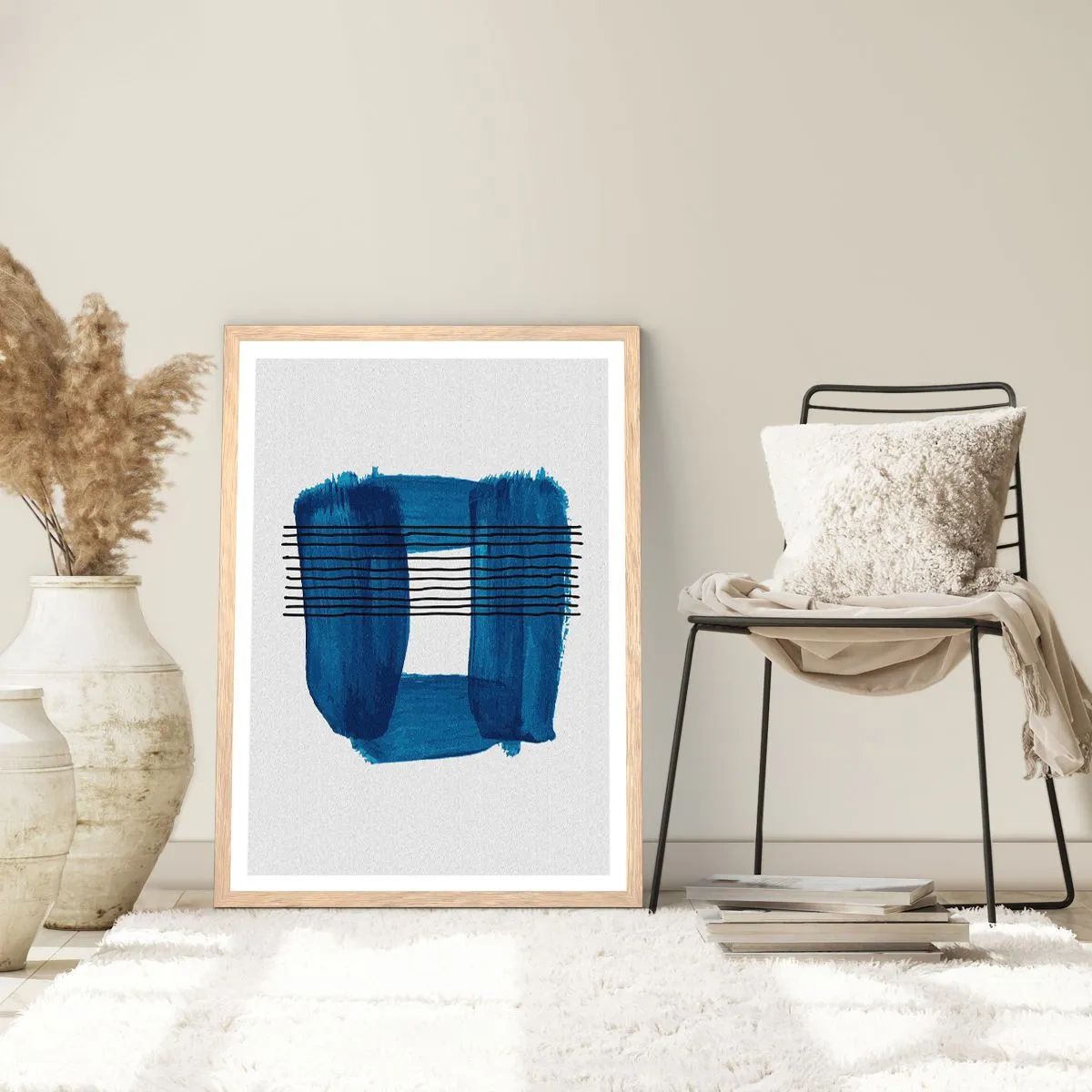 Plakat i ramme af lyst egetræ - Blå-sort sammensætning - 50x70 cm