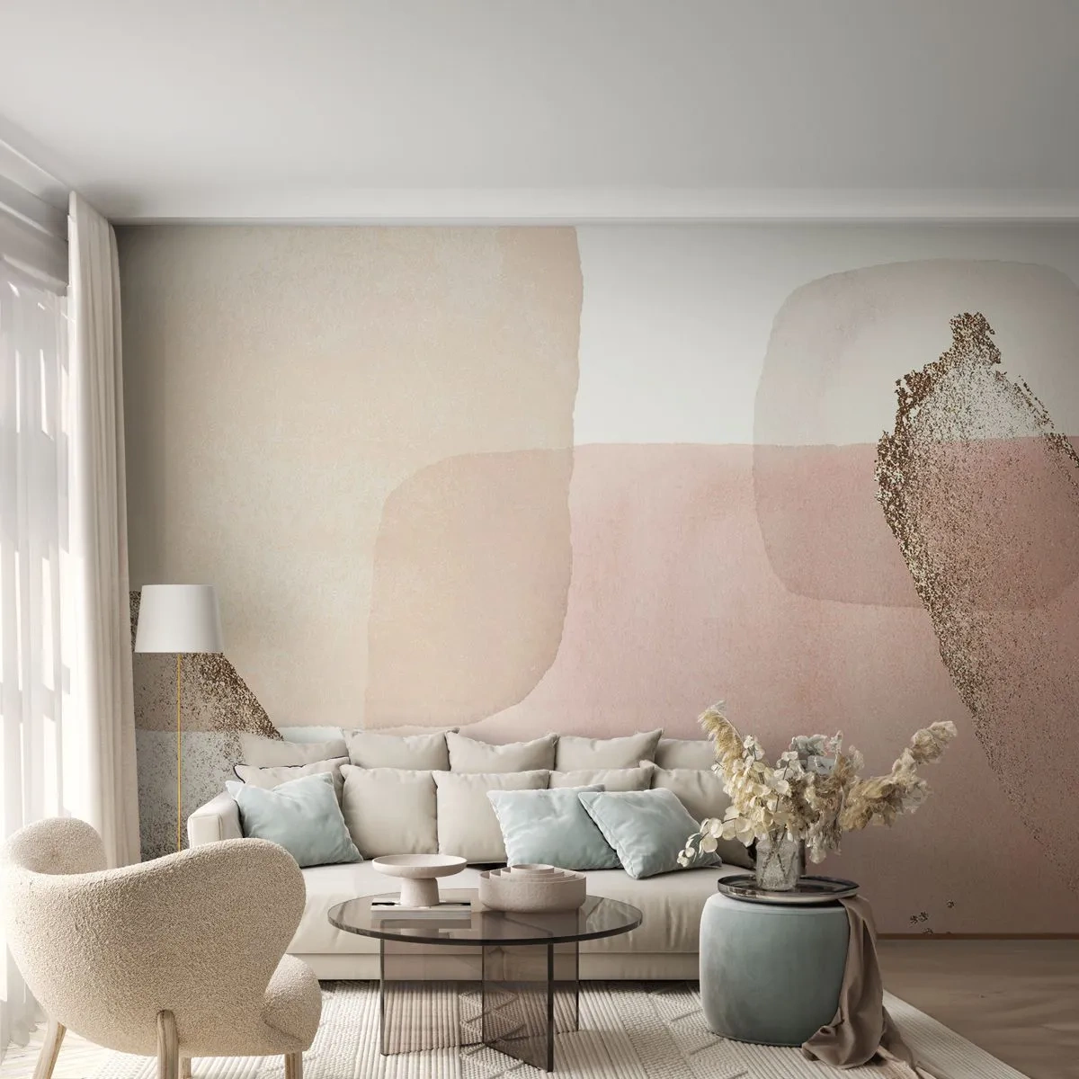 Fototapet Standard Eco - Abstrakte pastelformer med en delikat guldaccent - 100x70cm - Et kig gennem farver - Moderne vægdekoration til stue og soveværelse ARTTOR