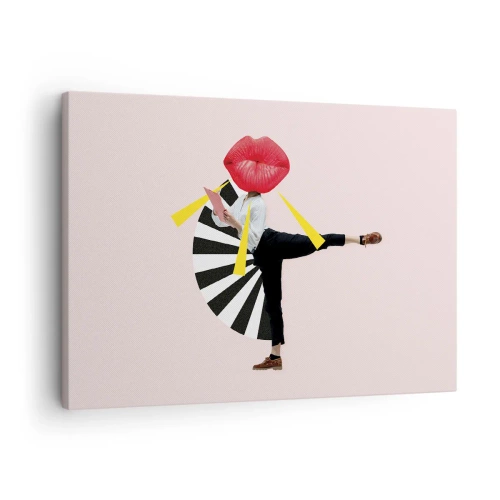 Lærredstryk - Billede på lærred - Surrealistisk figur med mund og geometriske elementer - 70x50cm - Surrealistisk popkunst - Moderne vægdekoration til stue og soveværelse ARTTOR