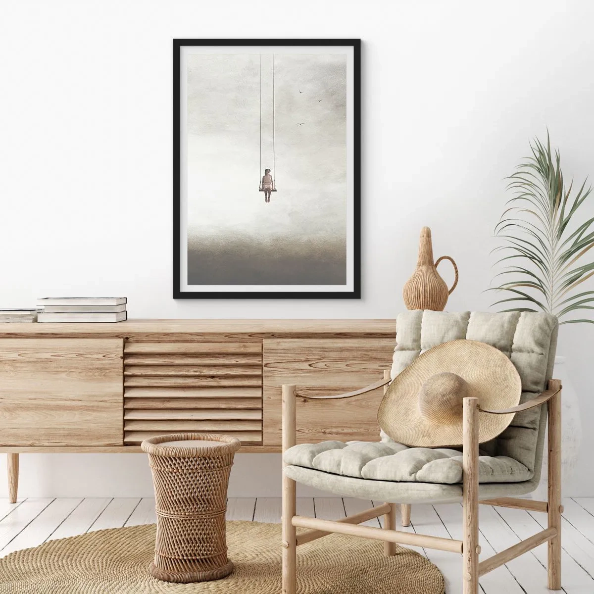 Plakat i sort ramme - En figur på en gynge ophængt i rummet - 50x70cm - Barnet i os selv - Moderne vægdekoration til stue og soveværelse ARTTOR