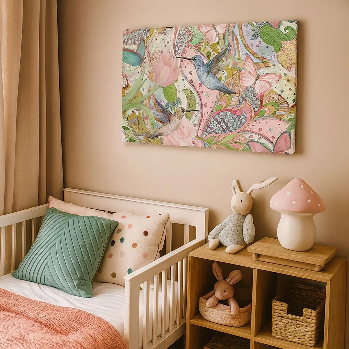 Lærredstryk - Billede på lærred - Farverige kolibrier og sommerfugle blandt planterne - 70x50cm - Forviklet i vinstokkene - Moderne vægdekoration til stue og soveværelse ARTTOR