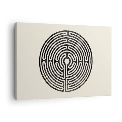 Lærredstryk - Billede på lærred - Sort og hvid cirkulær labyrint på en lys baggrund - 70x50cm - Mystisk orden - Moderne vægdekoration til stue og soveværelse ARTTOR