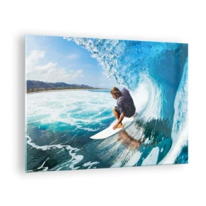 Billede på glas - Surfer i en vandtunnel med havet i baggrunden - 70x50cm - Danser med bølgerne - Moderne vægdekoration til stue og soveværelse ARTTOR