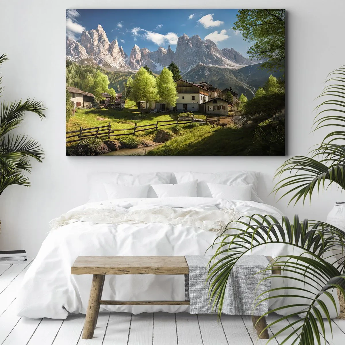Lærredstryk - Billede på lærred - En bjerglandsby med huse og udsigt over Alperne - 70x50cm - Alpeidyl - Moderne vægdekoration til stue og soveværelse ARTTOR