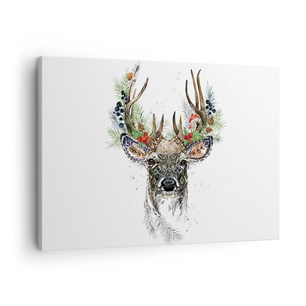 Lærredstryk - Billede på lærred - Stiliseret hjort med dekorative gevirer på en hvid baggrund - 70x50cm - I festlig påklædning - Moderne vægdekoration til stue og soveværelse ARTTOR