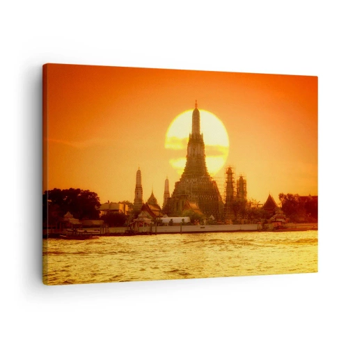 Lærredstryk - Billede på lærred - Solnedgang over templet med spejling i vandet - 70x50cm - Mod solen, altid mod solen - Moderne vægdekoration til stue og soveværelse ARTTOR