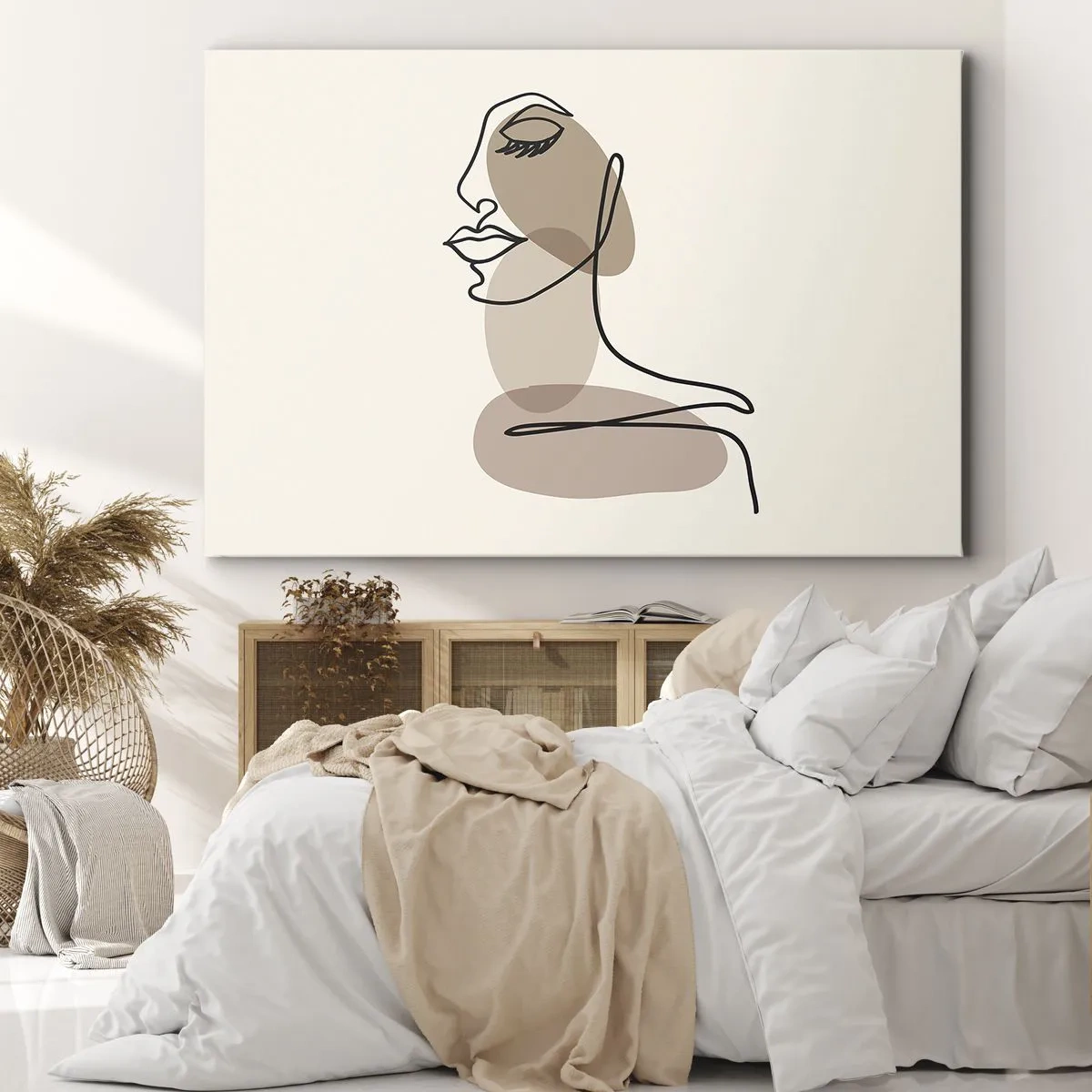 Lærredstryk - Billede på lærred - Minimalistisk kvindeansigt med abstrakte pletter - 70x50cm - Lytter til sig selv - Moderne vægdekoration til stue og soveværelse ARTTOR