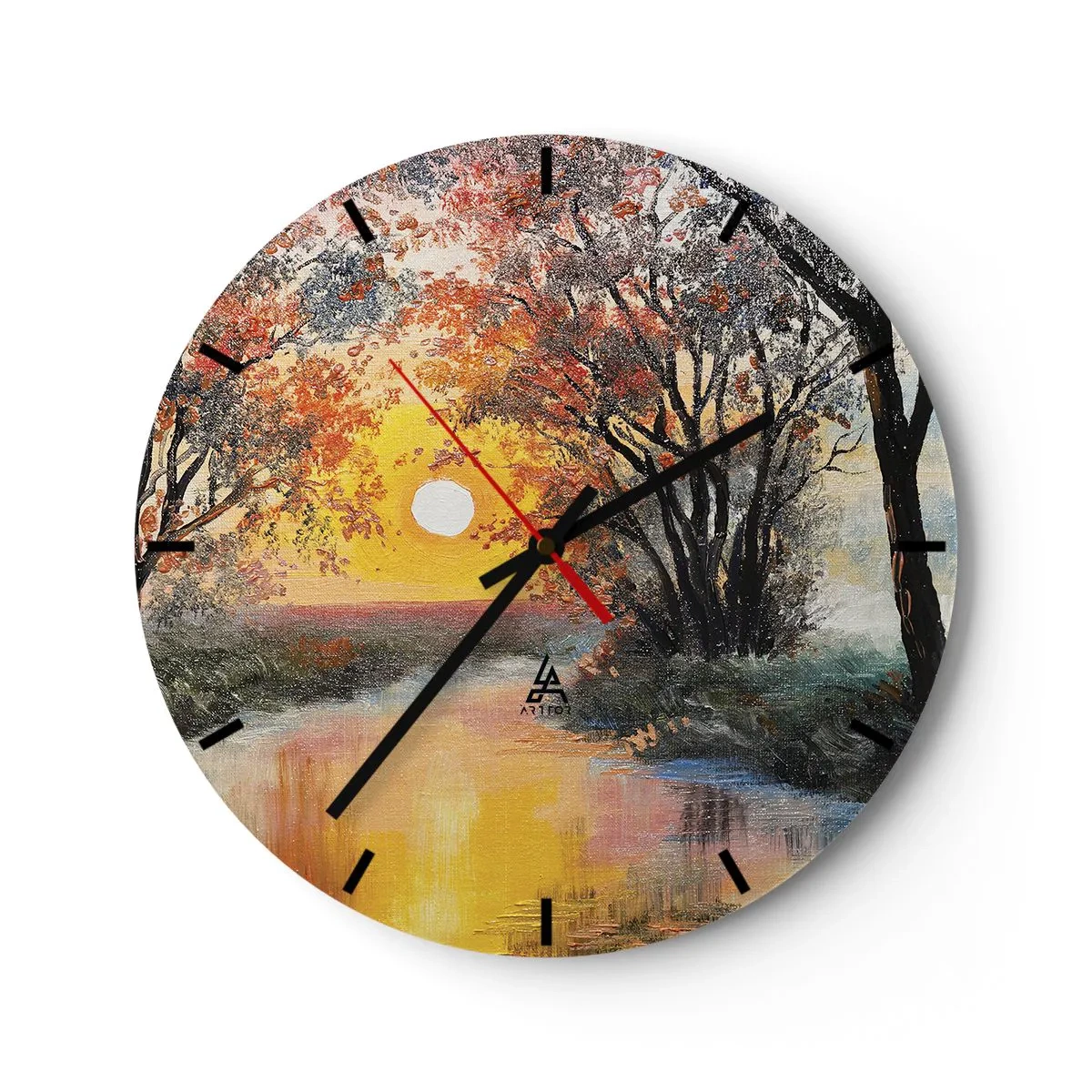 Vægur, Uret - Solnedgang over floden blandt farverige træer - 30x30cm - Efterårs atmosfære - Moderne vægdekoration til stue, køkken og soveværelse ARTTOR