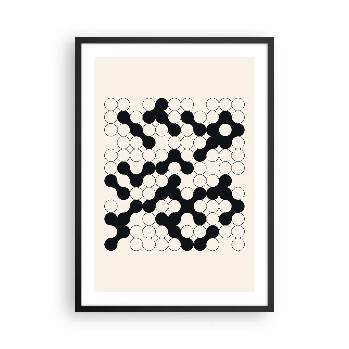 Plakat i sort ramme - Geometrisk sammensætning af sorte og hvide cirkler - 50x70cm - Kinesisk spil - variation - Moderne vægdekoration til stue og soveværelse ARTTOR