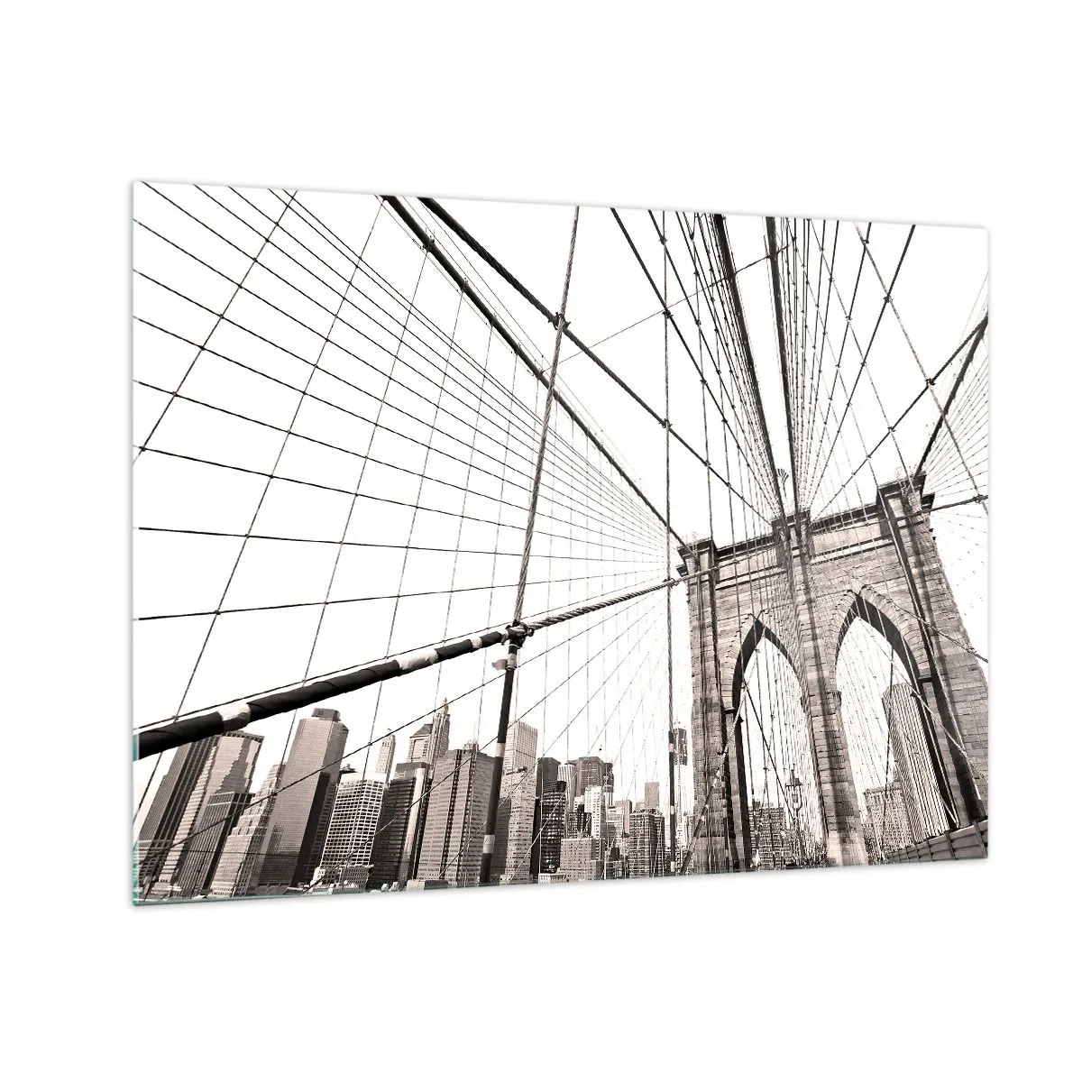 Billede på glas - En hængebro med et bypanorama i baggrunden i sepia - 70x50cm - Katedralen i New York - Moderne vægdekoration til stue og soveværelse ARTTOR
