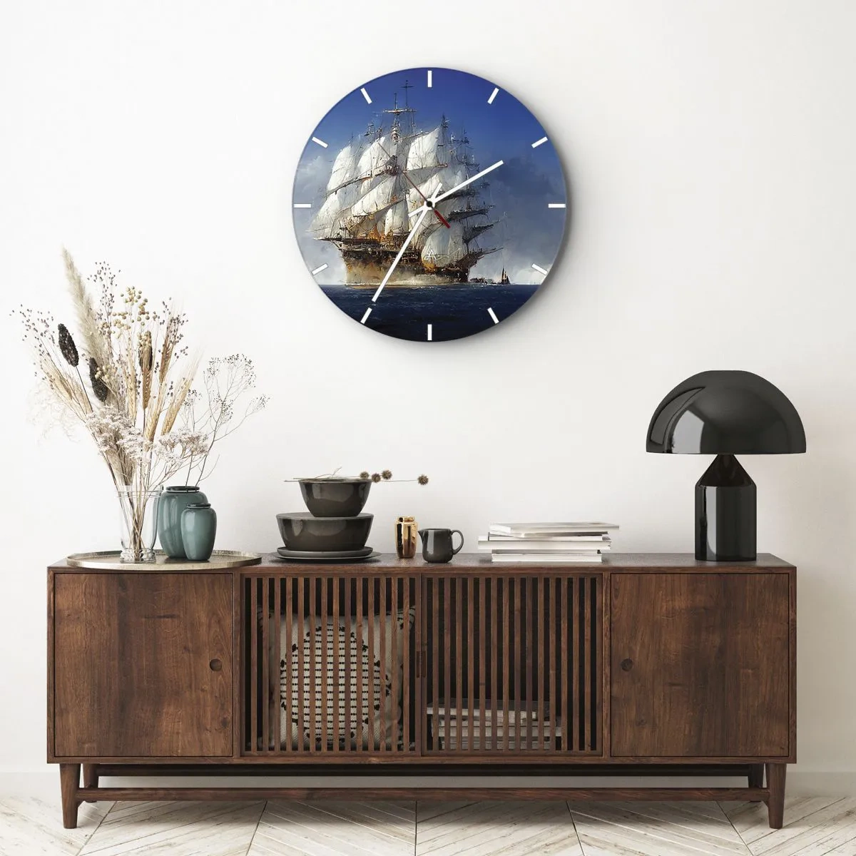 Vægur, Uret - Et sejlskib med udspændte sejl, der sejler hen over havet mod vinden. - 30x30cm - Den store herlighed! - Moderne vægdekoration til stue, køkken og soveværelse ARTTOR