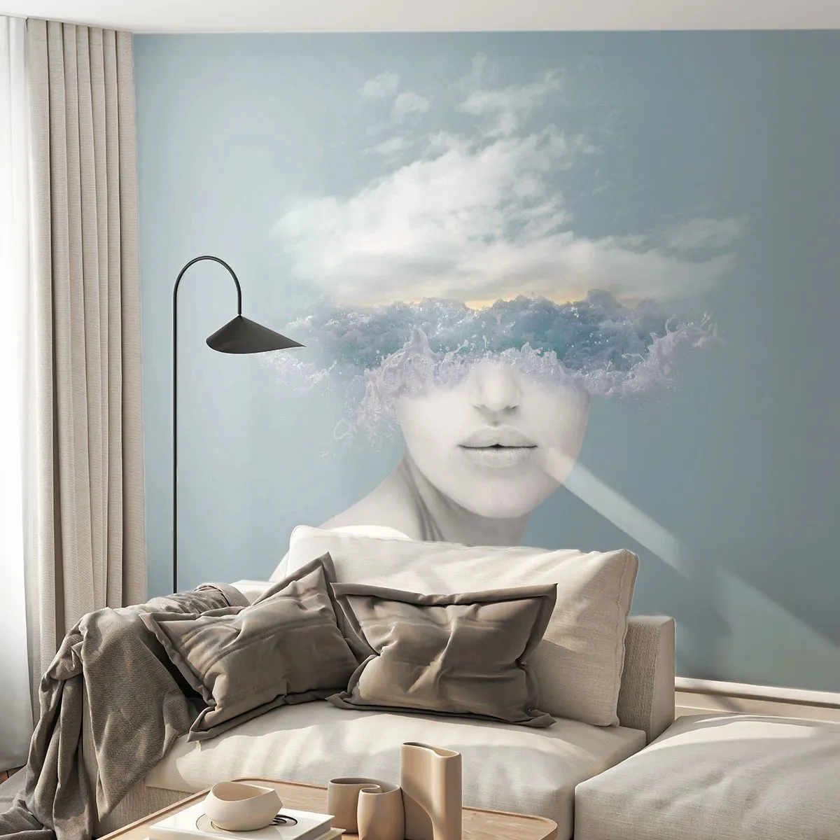 Fototapet Premium Sand - Med hovedet i skyerne - Lyse, Portræt, Skyer - 100x70 cm