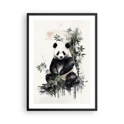 Plakat i sort ramme - Akvarelpanda omgivet af bambusblade - 50x70cm - Hilsner fra Kina - Moderne vægdekoration til stue og soveværelse ARTTOR