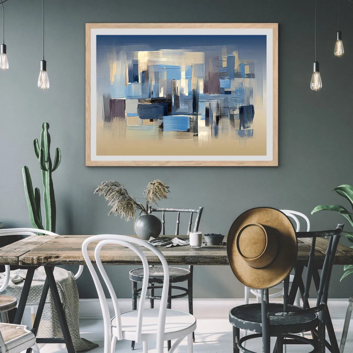 Plakat i ramme af lyst egetræ - Blå konstruktion - 50x40 cm