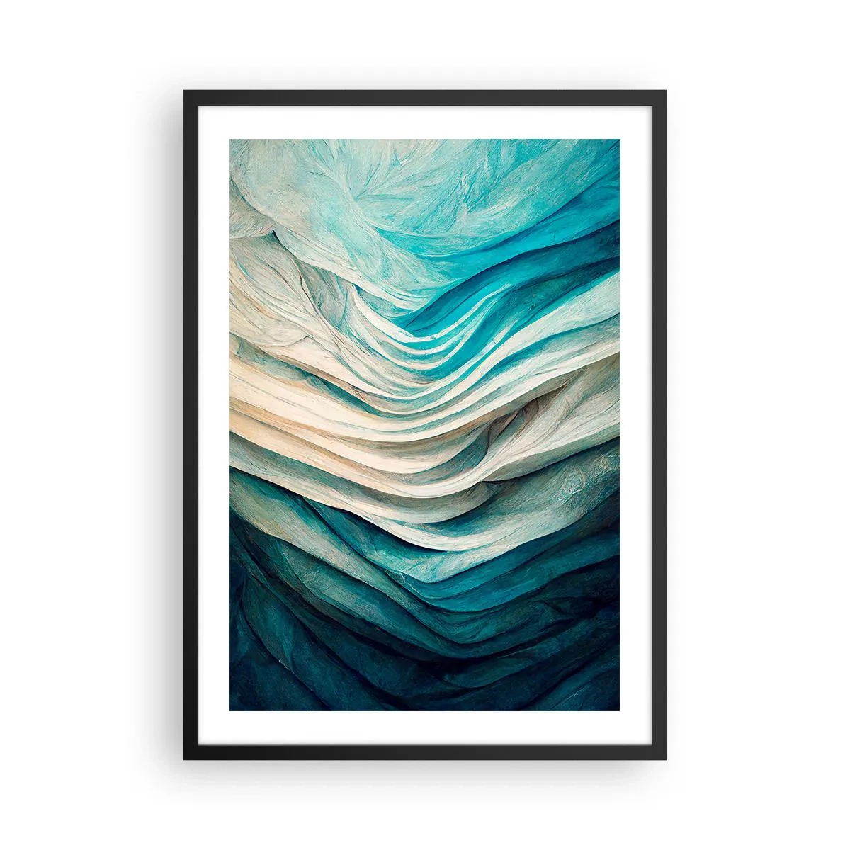 Plakat i sort ramme - Abstrakt komposition af bølger i nuancer af blå og beige - 50x70cm - Blå umættelighed - Moderne vægdekoration til stue og soveværelse ARTTOR