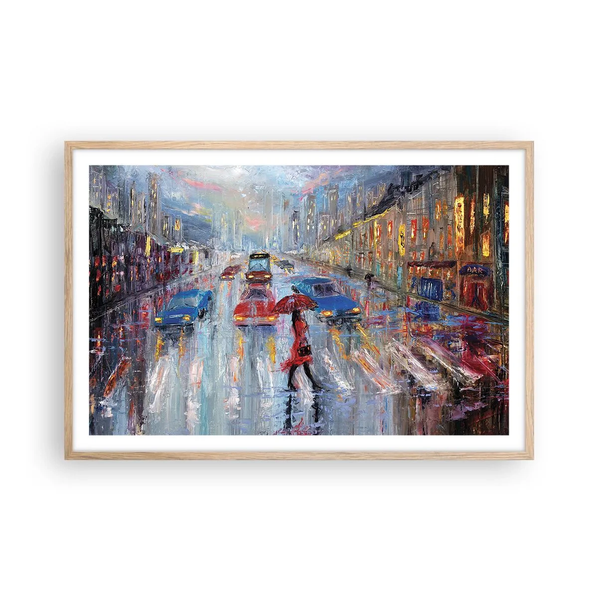 Plakat i ramme af lyst egetræ - Regnfuld eftermiddag i byen - 91x61 cm