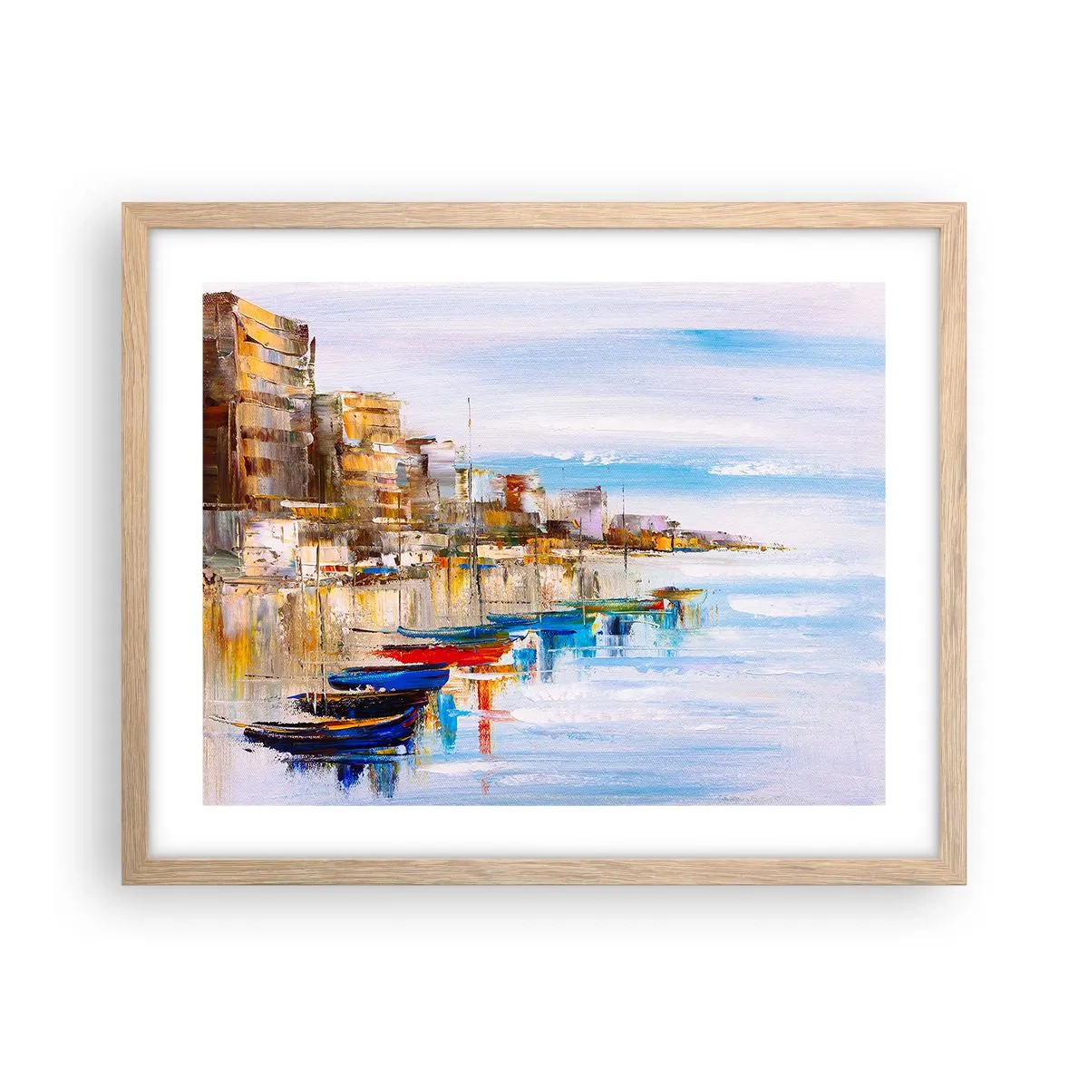 Plakat i ramme af lyst egetræ - Flerfarvet urban havn - 50x40 cm