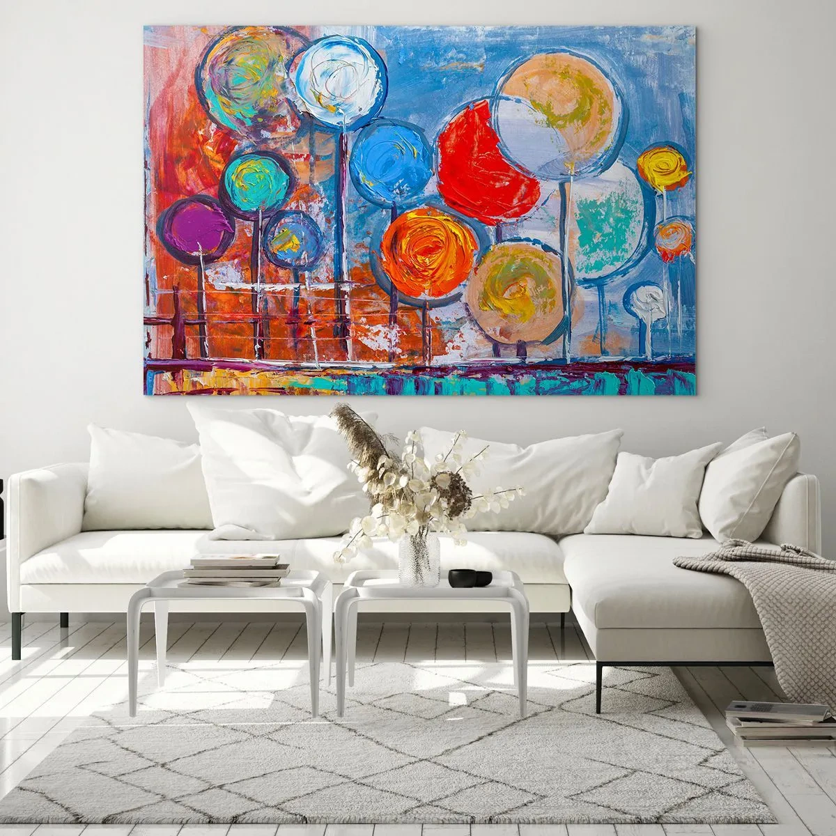 Billede på glas - Farverige, abstrakte træer malet mod himlen - 70x50cm - Mirakler på en pind - Moderne vægdekoration til stue og soveværelse ARTTOR