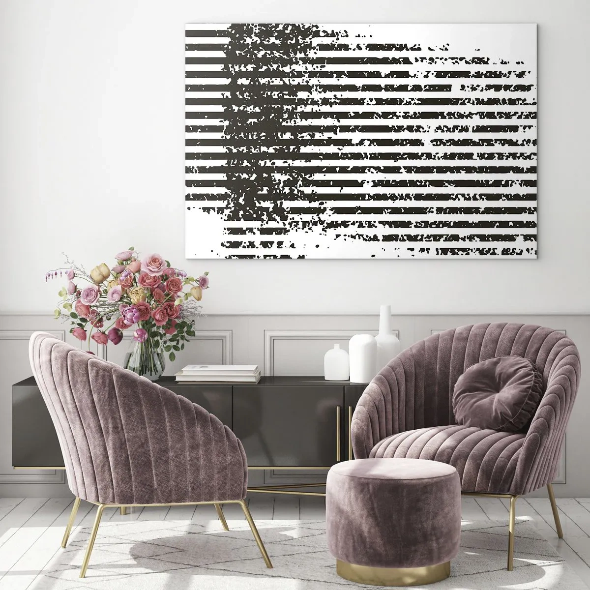 Billede på glas - Sorte og hvide vandrette linjer med støj- og slideffekter - 70x50cm - Rytme og støj - Moderne vægdekoration til stue og soveværelse ARTTOR