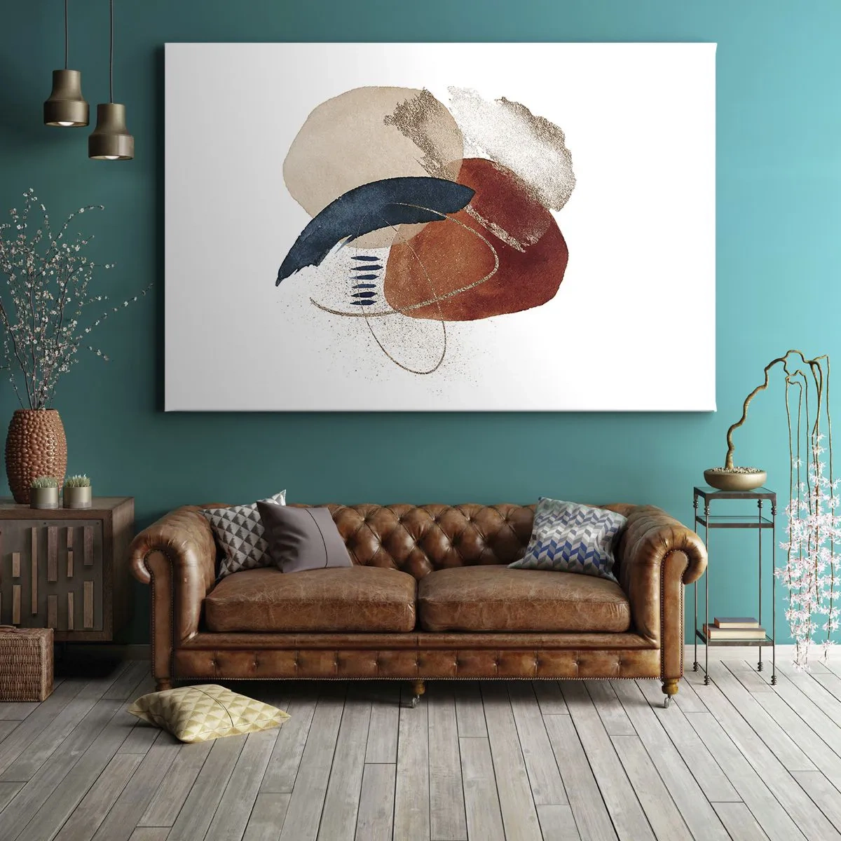 Lærredstryk - Billede på lærred - En abstrakt komposition med pletter i jordagtige og marineblå nuancer. - 70x50cm - Oval sammensætning - Moderne vægdekoration til stue og soveværelse ARTTOR