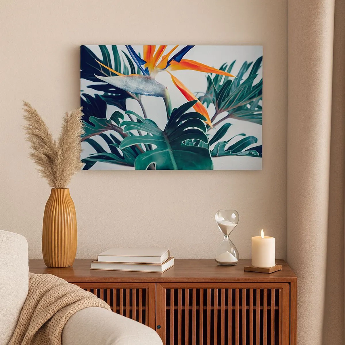 Lærredstryk - Billede på lærred - Strelitzia-blomst omgivet af blade i klart lys - 70x50cm - Fuglebur - Moderne vægdekoration til stue og soveværelse ARTTOR
