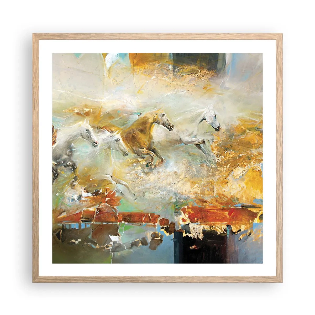 Plakat i ramme af lyst egetræ - Galopperer gennem lyset - 60x60 cm