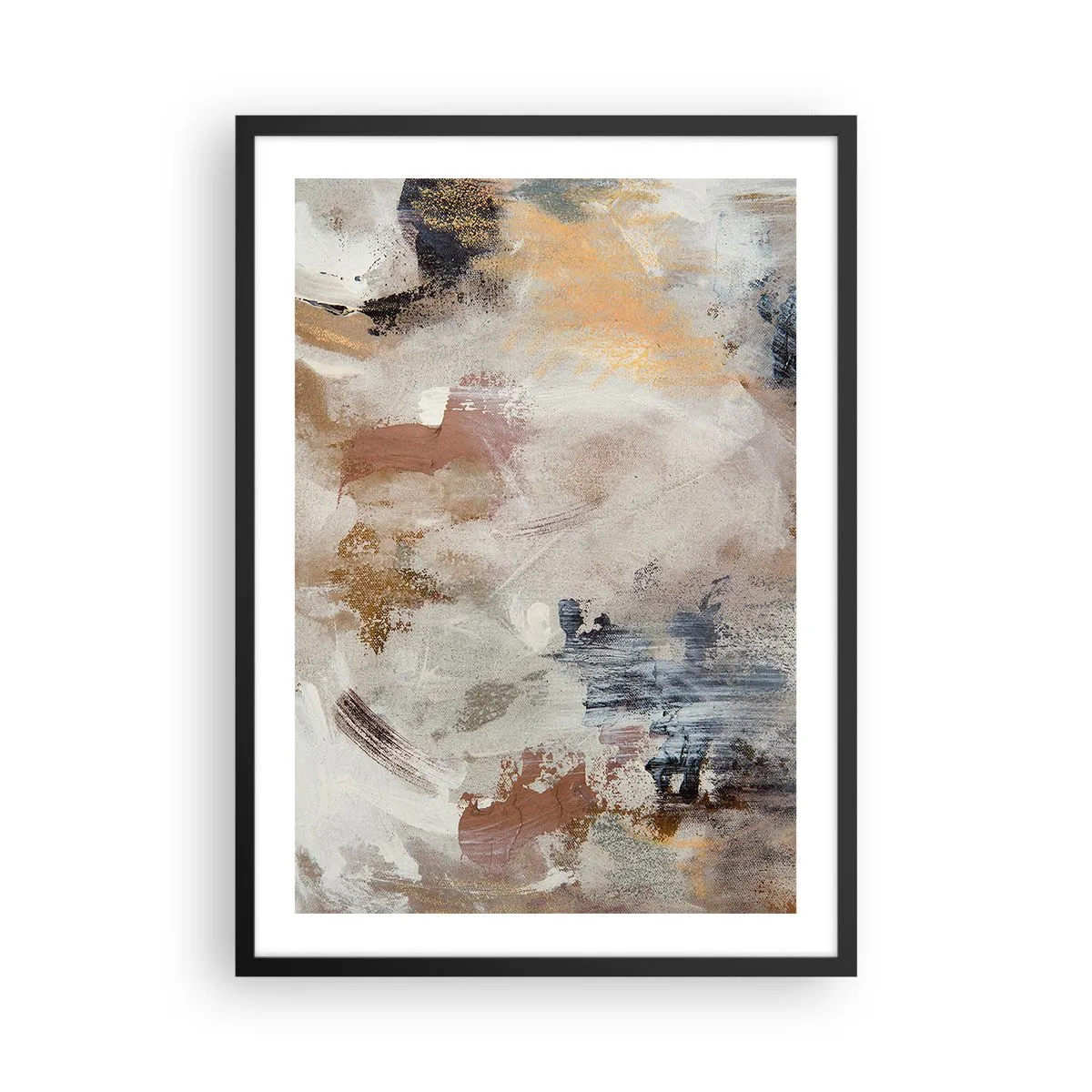 Plakat i sort ramme - En abstrakt komposition i varme, jordnære farver. - 50x70cm - Tågeagtig abstraktion - Moderne vægdekoration til stue og soveværelse ARTTOR
