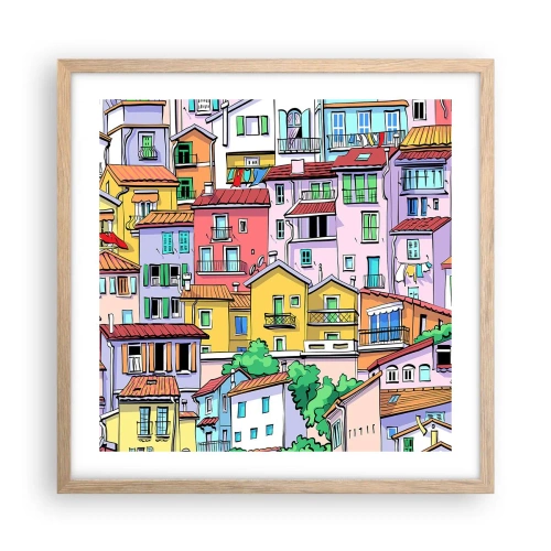 Plakat i ramme af lyst egetræ - Glædelig by - 50x50 cm