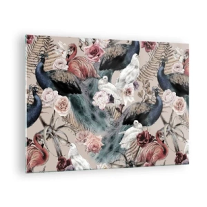 Billede på glas - Påfugle og flamingoer omgivet af roser og bregner - 70x50cm - I paladsets have - Moderne vægdekoration til stue og soveværelse ARTTOR