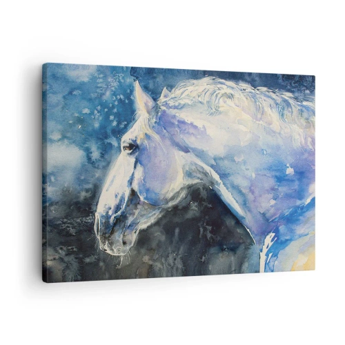 Lærredstryk - Billede på lærred - Et portræt af en hest i blå nuancer med en malerisk akvareleffekt. - 70x50cm - Portræt i et blåt skær - Moderne vægdekoration til stue og soveværelse ARTTOR