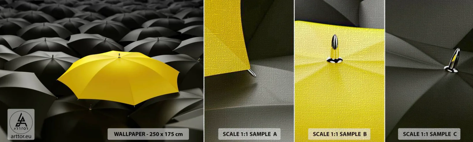 Prøve Fototapet Premium Canvas - Farvel til tristhed - Gule paraplyer, Grafik, Koncept - 100x30 cm