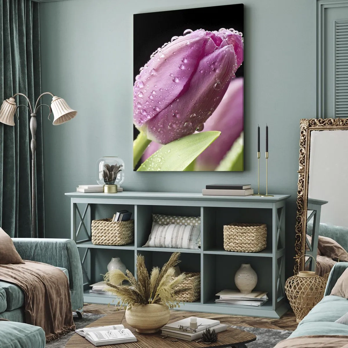 Lærredstryk - Billede på lærred - En lilla drøm i duggen - 55x100 cm