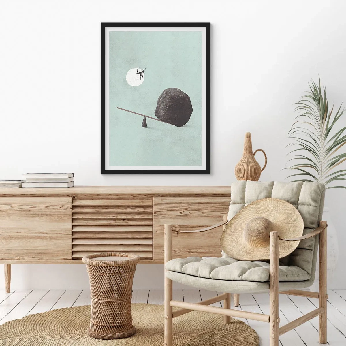 Plakat i sort ramme - En minimalistisk skala med en sten og en figur mod månens baggrund - 50x70cm - En drøm går i opfyldelse - Moderne vægdekoration til stue og soveværelse ARTTOR