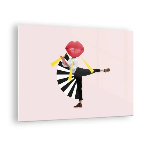 Billede på glas - En surrealistisk popkunstkomposition med en figur med en stor mund mod en lyserød baggrund. - 70x50cm - Surrealistisk popkunst - Moderne vægdekoration til stue og soveværelse ARTTOR