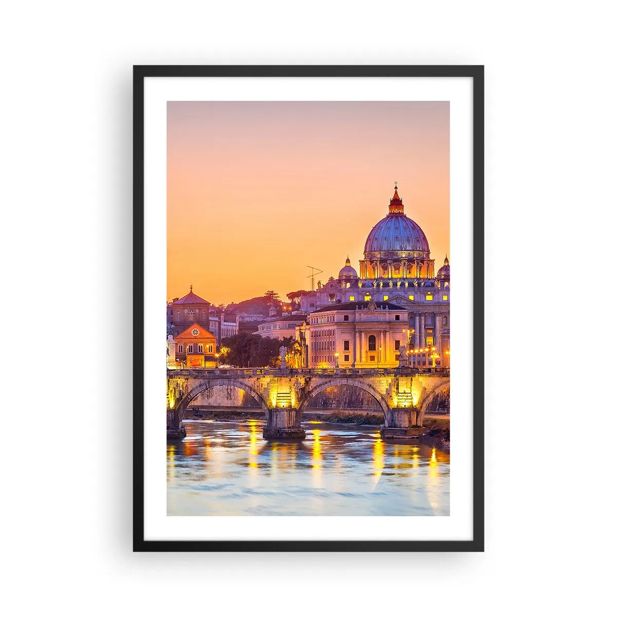 Plakat i sort ramme - Solnedgang over broen og basilikaen med lys i Rom - 50x70cm - Tusmørke over den evige by - Moderne vægdekoration til stue og soveværelse ARTTOR