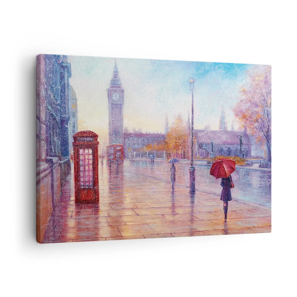 Lærredstryk - Billede på lærred - Londons gade med Big Ben på en regnvejrsdag - 70x50cm - En efterårsdag i London - Moderne vægdekoration til stue og soveværelse ARTTOR