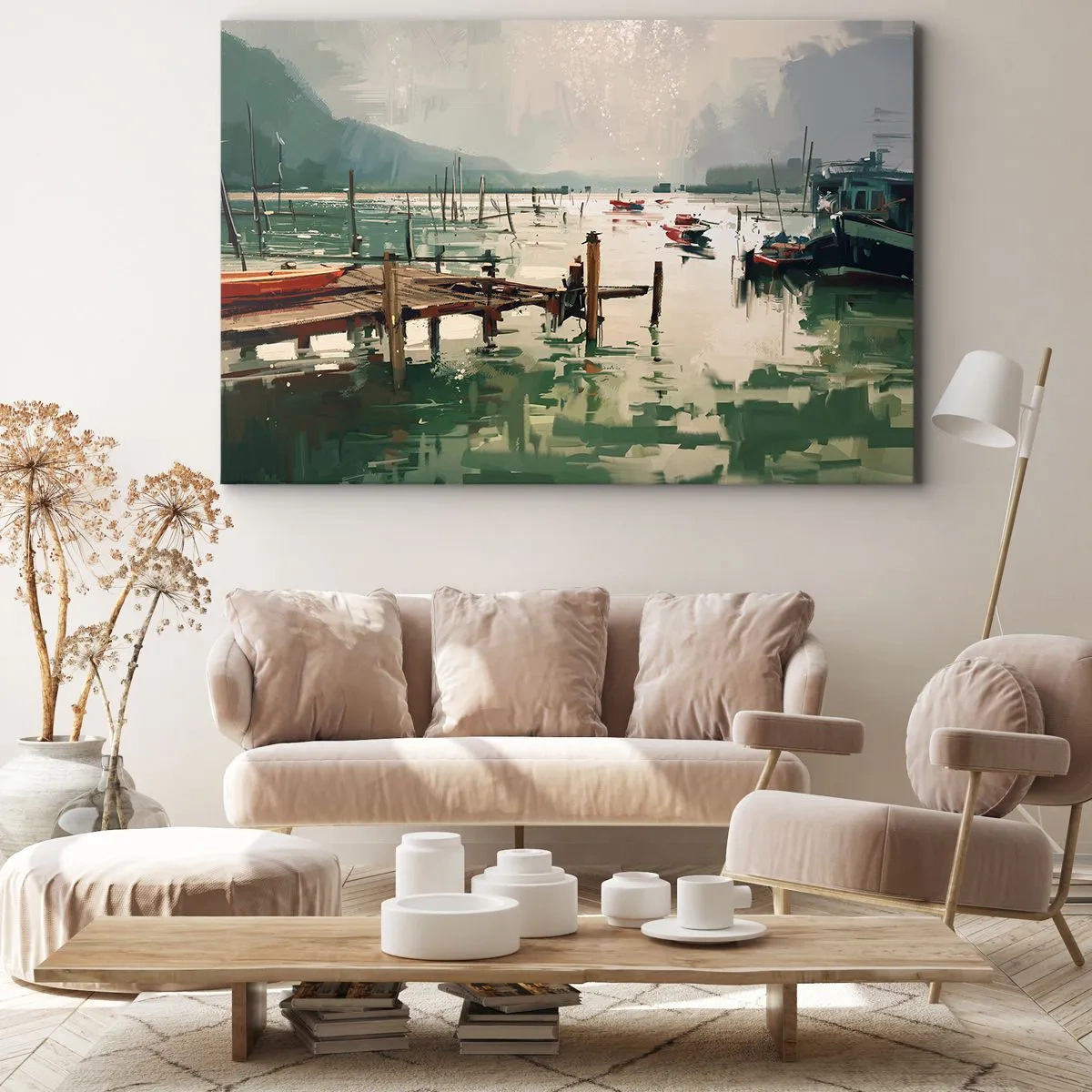 Lærredstryk - Billede på lærred - En malerisk havn med både på roligt vand - 70x50cm - Dækket af en smeltet måne - Moderne vægdekoration til stue og soveværelse ARTTOR